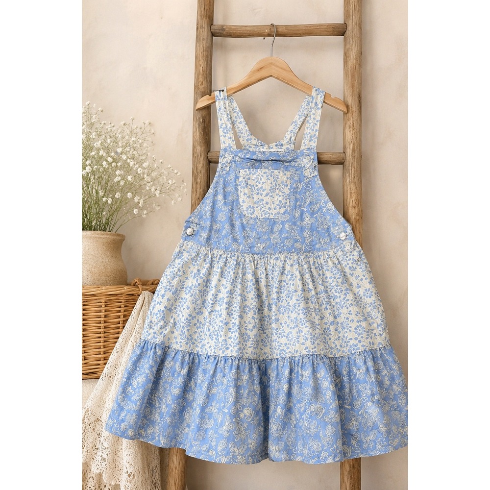 Cottagecore Patchwork Prairie Dress Blue‎ Floral Tiered Storybook 7-8Y Easter